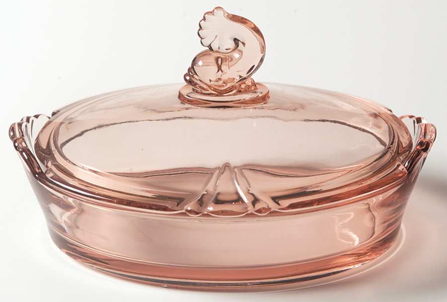 Empress Flamingo Lemon Dish & Dolphin Finial Lid by Heisey-1