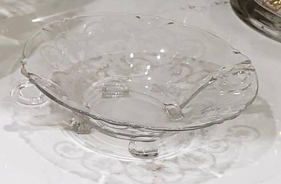 Formal Chintz Clear (Stem 3389) Footed Handled Open Jam/Jelly by Heisey-1