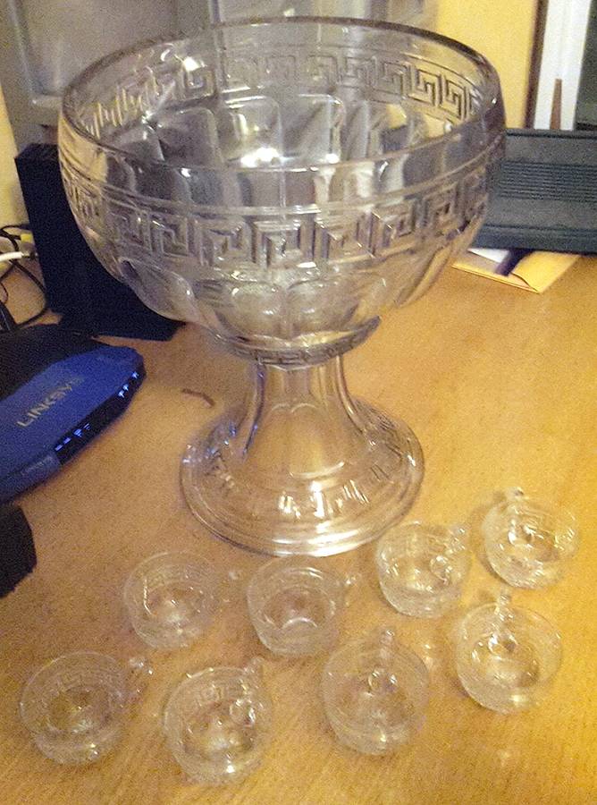 Greek Key Clear Cupped Punch Bowl with Stand by Heisey-1