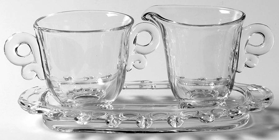Lariat (Blown) Creamer, Open Sugar & Motif Tray #2 by Heisey-1