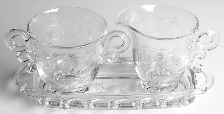 Moonglo (Stem 5040) Creamer, Sugar & Tray Set by Heisey-1