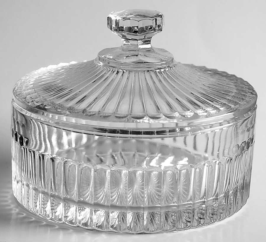 Narrow Flute with Rim Clear (Line 473) Round Puff Box with Lid by Heisey-1