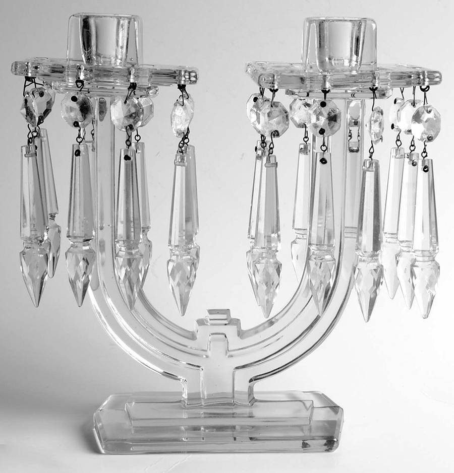New Era Clear 8" 2 Light Candelabra w/2 Bobeche & 20 Prisms by Heisey-1