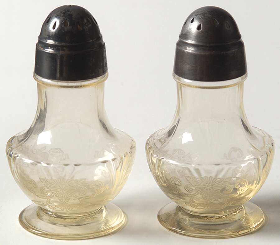 Old Colony Yellow Sahara (Stem 3390) Footed Shaker Set & Metal Lids by Heisey-1