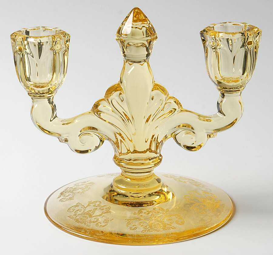 Old Colony Yellow Sahara (Stem 3390) Double Light Candlestick by Heisey-1