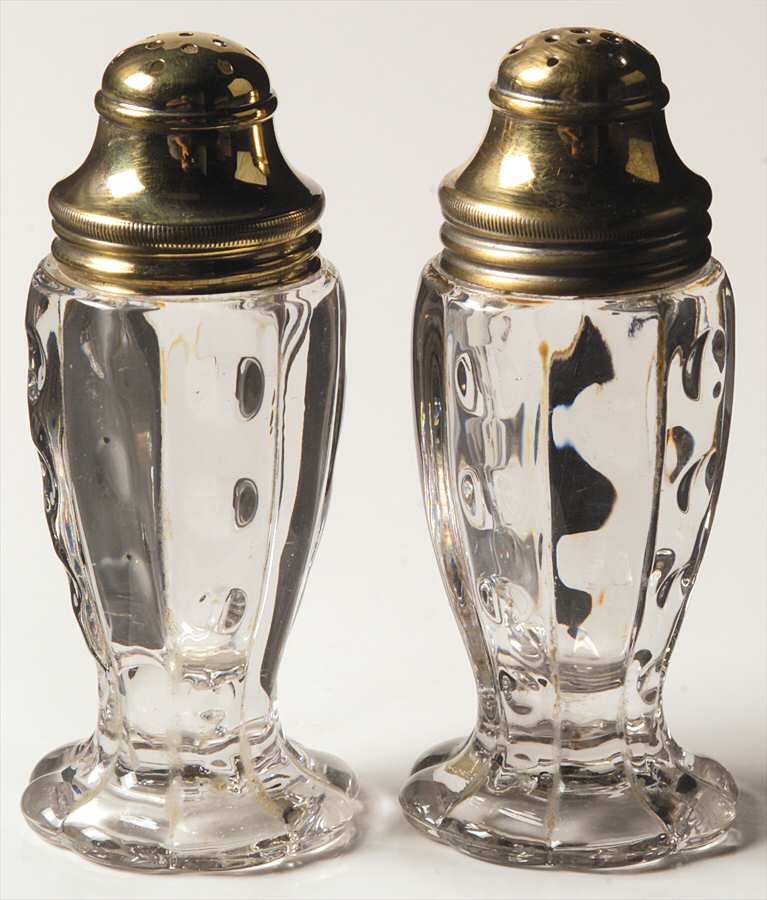 Old Sandwich Clear Footed Shaker Set & Metal Lids by Heisey-1