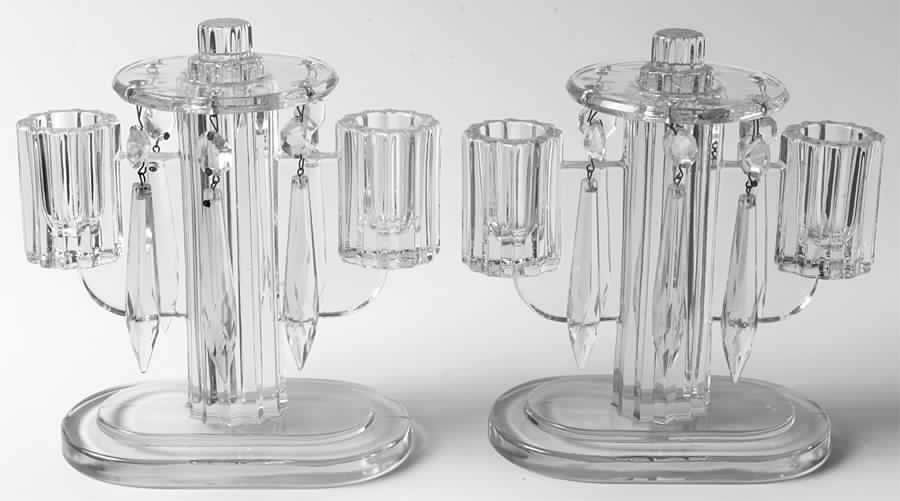 Ridgeleigh (Heavy Pressed Patt) Pair 6" 2 Light Candelabra W/2 Bobeche & 12 Prisms by Heisey-1