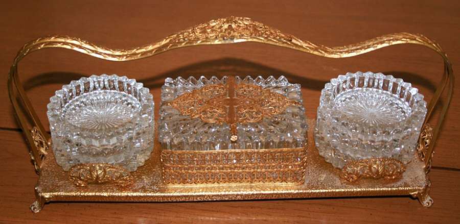 Ridgeleigh (Heavy Pressed Patt) Cigarette Set (Sq Box, 6 Ashtrays & Metal Holder by Heisey-1