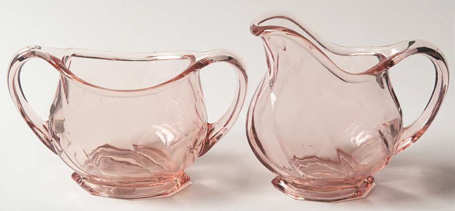Twist Pink (Flamingo) Creamer and Sugar Open Set Hotel by Heisey-1