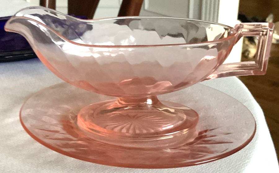 Yeoman Pink Flamingo (Stem 1184, Optic) French Dressing Boat & Underplate by Heisey-1