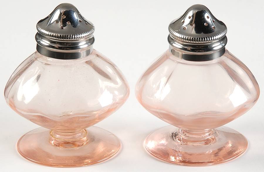 Yeoman Pink Flamingo (Stem 1184, Optic) Footed Shaker Set & Metal Lids by Heisey-1