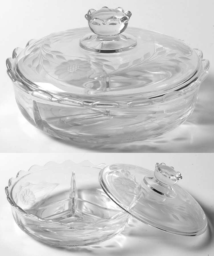 Cornflower (Smooth Stem, Non Optic) 3-Part Candy Dish with Lid by W J Hughes-1