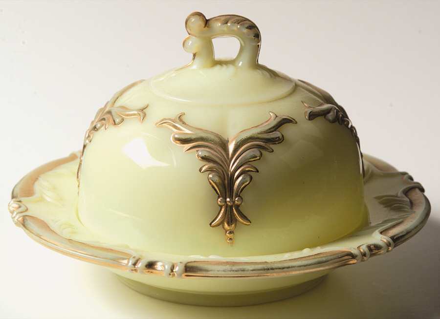 Winged Scroll Custard (Gold Accents) Round Covered Butter by Heisey-1