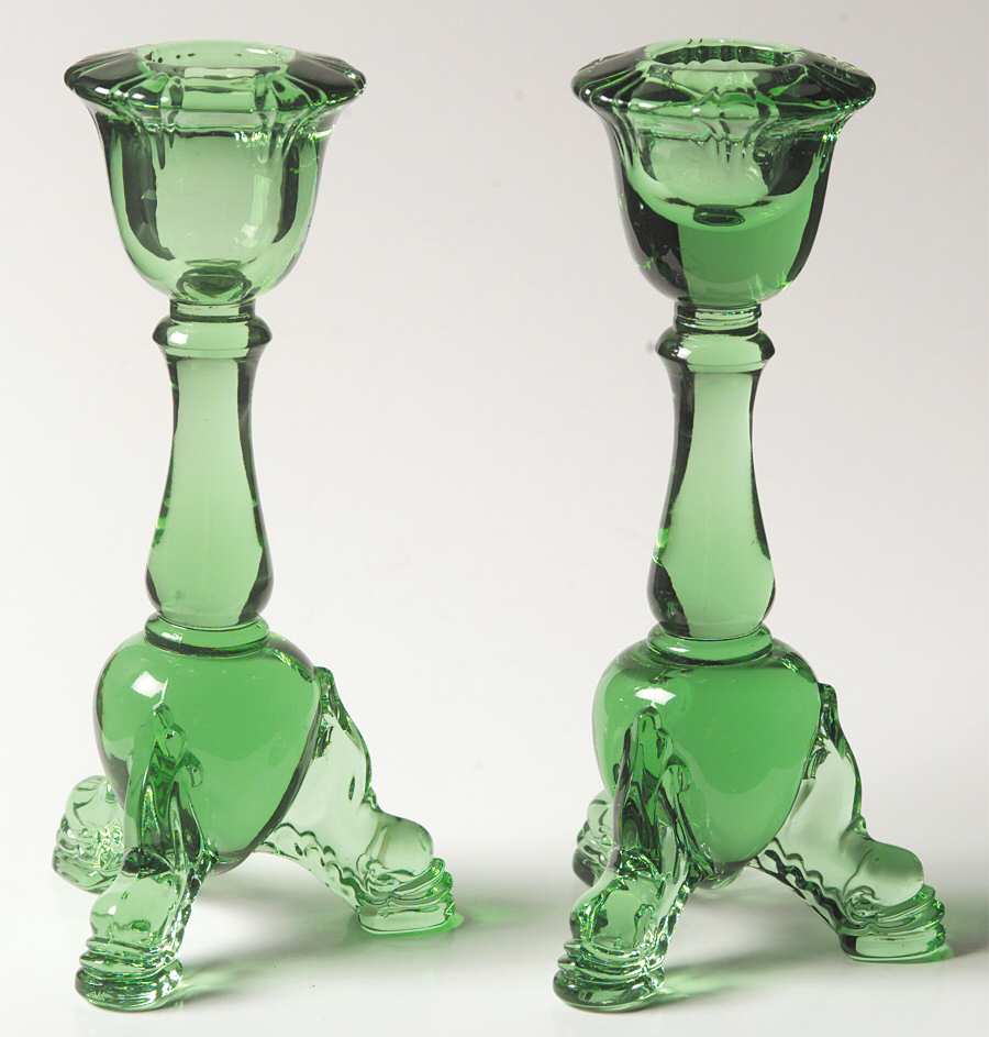 Empress Moongleam (Stem 1401) 6" Candlestick Single Light 3 Toed Set of 2 by Heisey-1