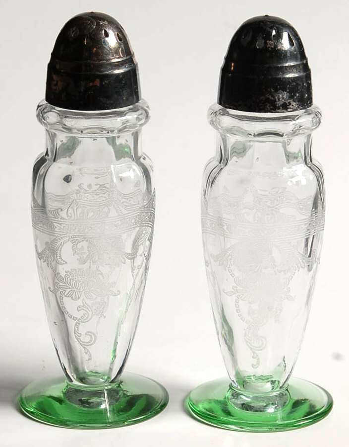 Empress Moongleam 3380 (Etch 447) Footed Shaker Set & Metal Lids by Heisey-1