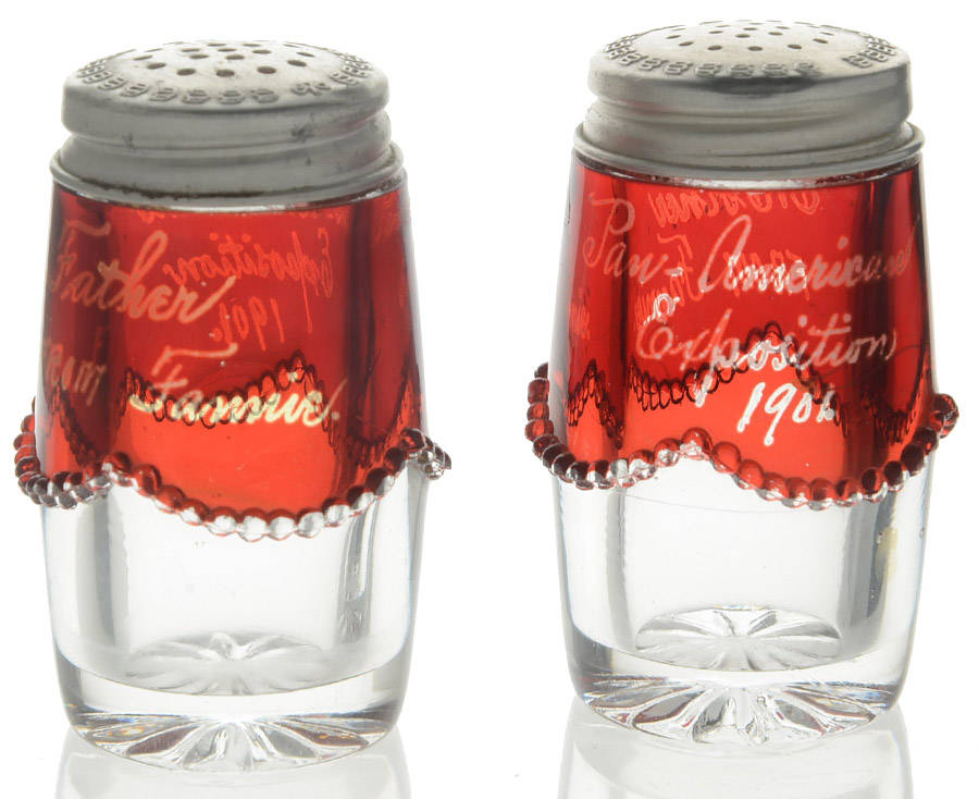 Beaded Swag Ruby Flash Shaker Set w/Metal Lids by Heisey-1