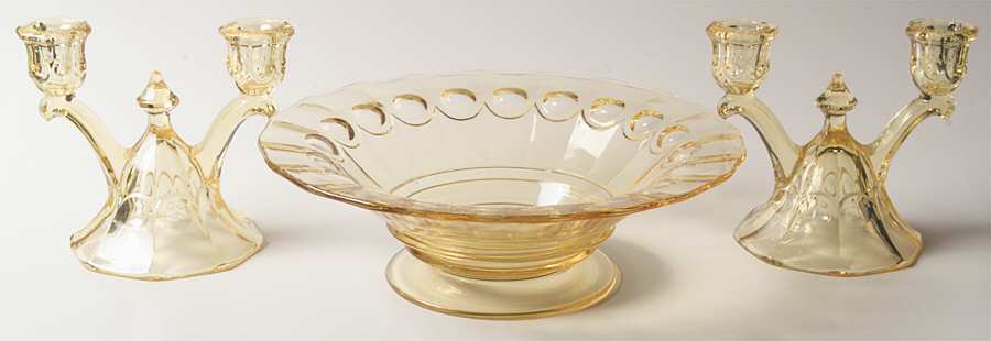 Thumbprint and Panel Yellow Candlestick Double Set of 2 and 11" Flare Bowl by Heisey-1