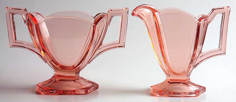 Wide Flat Panel Pink Creamer and Sugar Open Set Hotel by Heisey-1