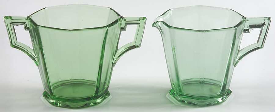 Ribbed Octagon Green Creamer & Open Sugar Set by Heisey-1