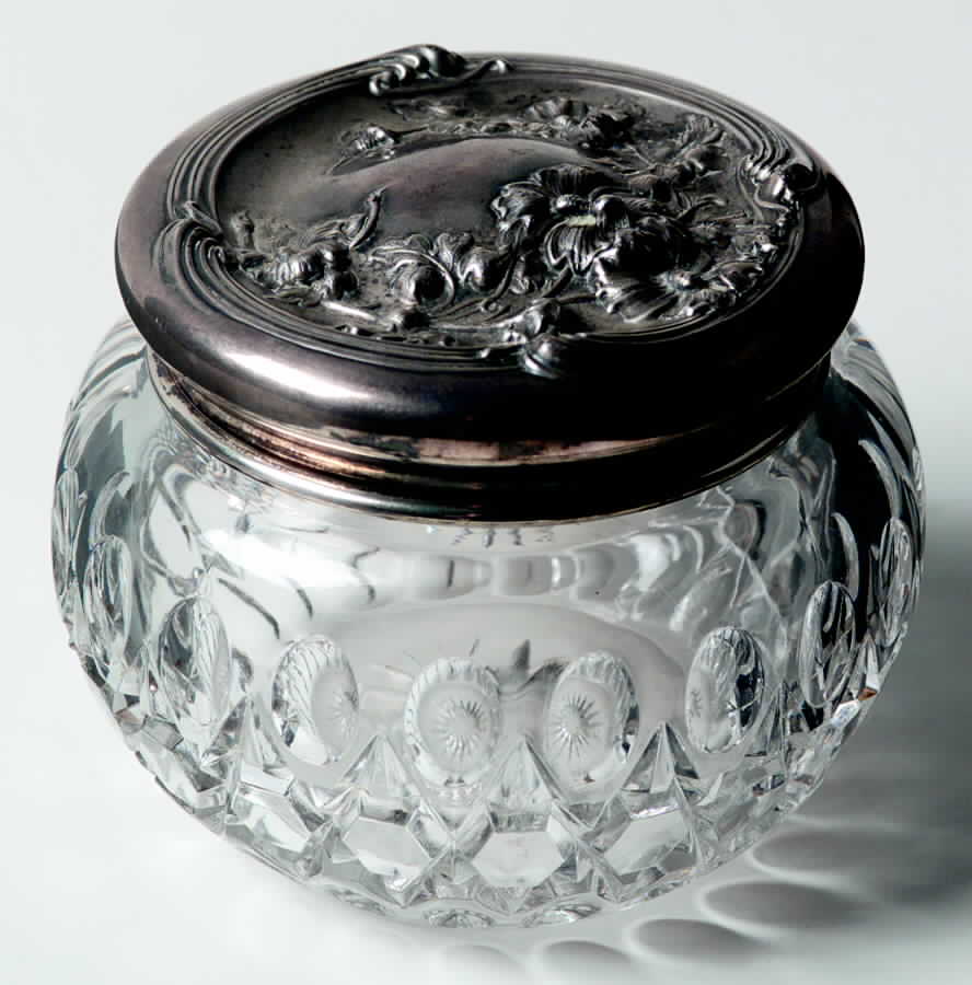 Thumbprint and Angle Clear Round Puff Box with Sterling Lid by Heisey-1