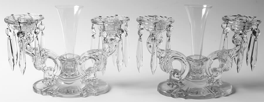 Baroque (Line 1513) Candelabra-2 Lt Wbobeches &Prisms & Vase (Set of 2 by Heisey-1