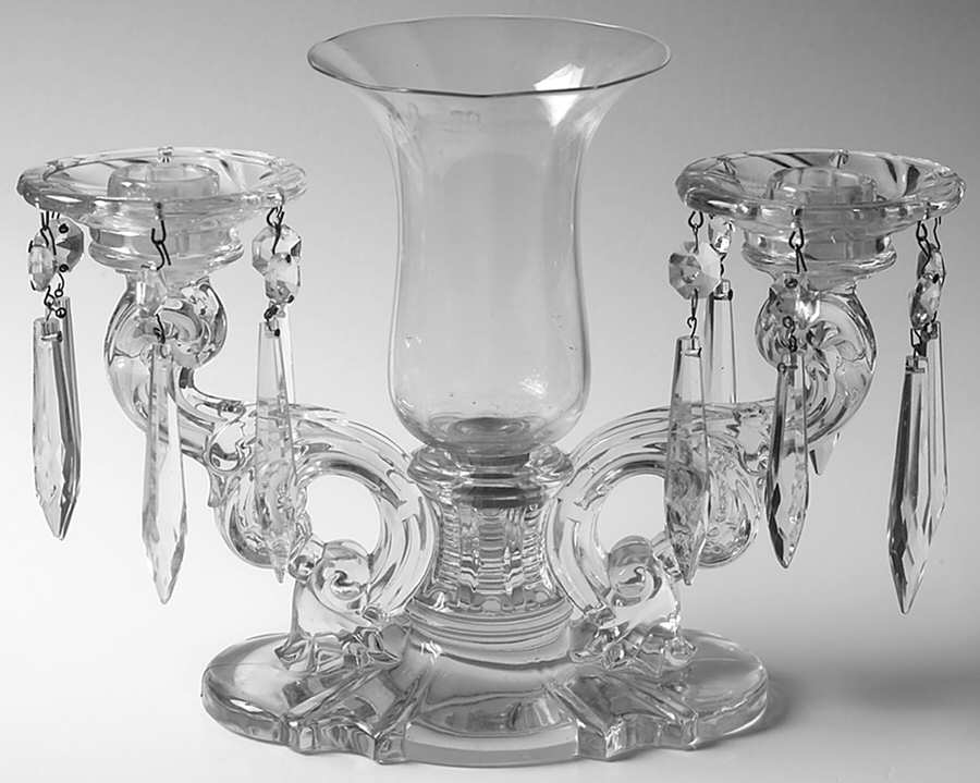 Baroque (Line 1513) 2 Light Candelabra W2 Bobeche,12 Prism & Vase by Heisey-1