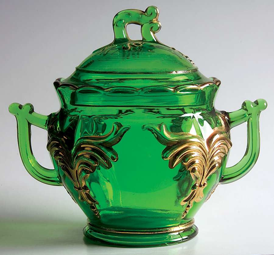 Winged Scroll Emerald Green (Gold Accents) Sugar Bowl & Lid by Heisey-1
