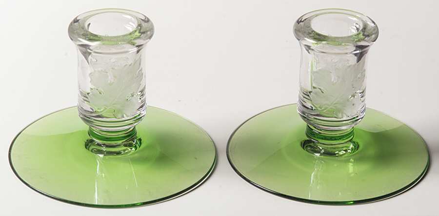 Oak Leaf Green and Clear (Line 116) Candlestick Single Light 3" (Set of 2) by Heisey-1