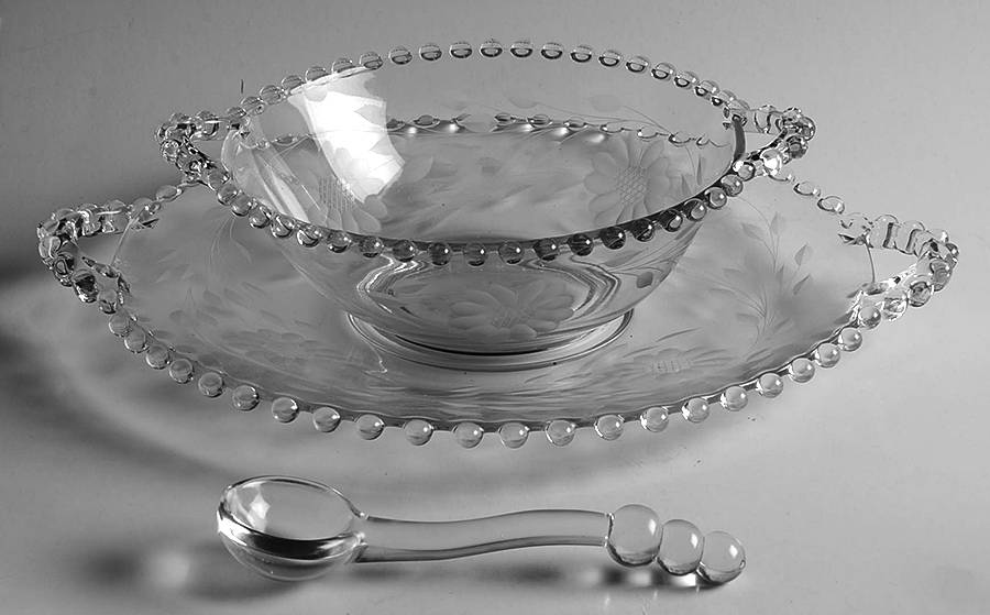 Cornflower (Candlewick) 3 Pc Mayonnaise Set-Handled Bowl,Handled Plt&Ladle by W J Hughes-1