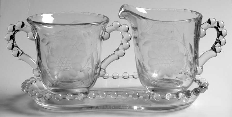 Cornflower (Candlewick) Creamer, Sugar and Tray Set by W J Hughes-1