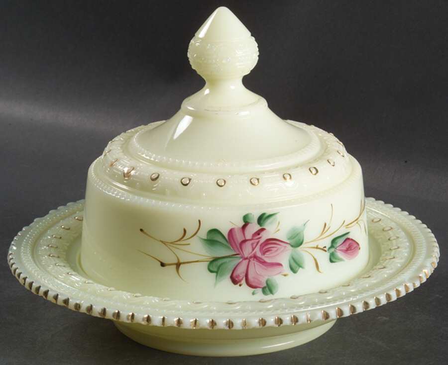 Ring Band Custard Floral Round Covered Butter by Heisey-1