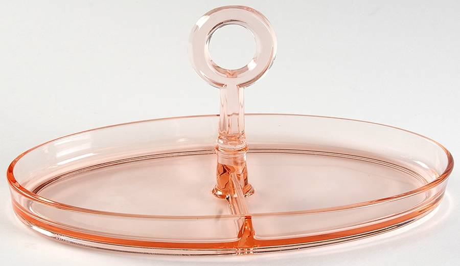 Yeoman Pink Flamingo (Stem 1184, No Optic) 10" Oval 2 Part Relish with Center Handle by Heisey-1