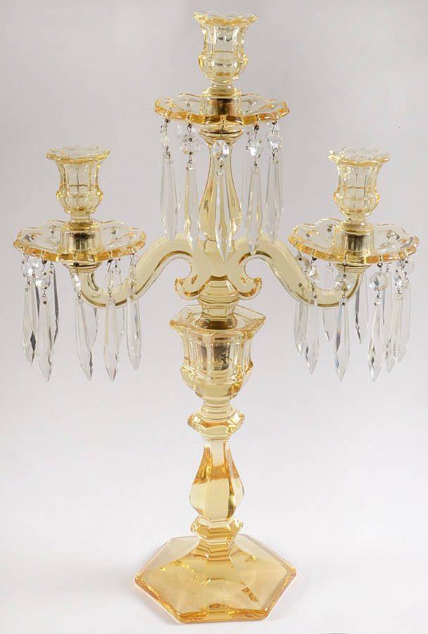 Old Williamsburg Candlelabras & Epergne 20" Yellow 3 Lt Candelabra W/3 Bobeche & 30 Prisms by Heisey-1
