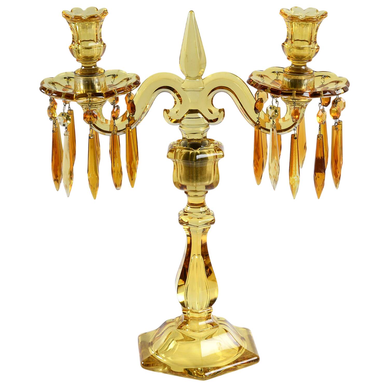 Old Williamsburg Candlelabras & Epergne 16" Yellow 2 Lt Candelabra W/2 Bobeche & 20 Prisms by Heisey-1