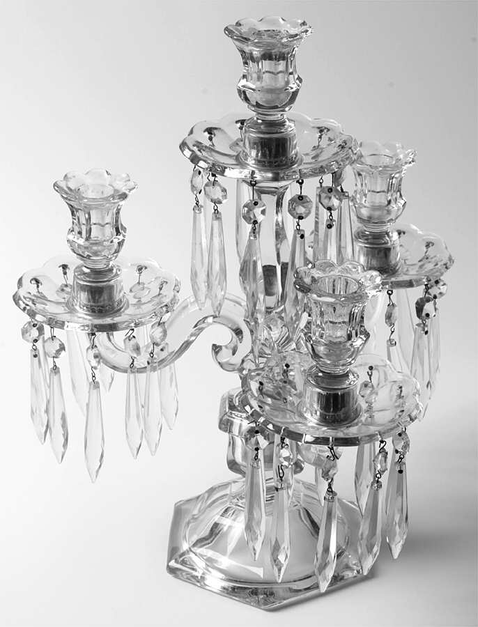 Old Williamsburg Candlelabras & Epergne 15" 4 Light Candelabra W/4 Bobeche & 40 Prisms by Heisey-1