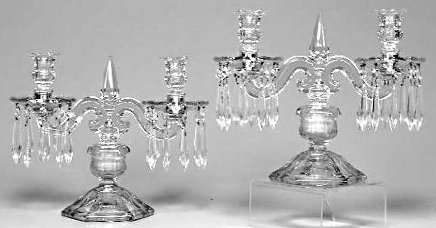 Old Williamsburg Candlelabras & Epergne Set of 2 10" 2Lt Candelabra W/2 Bobeche &20 Prisms by Heisey-1