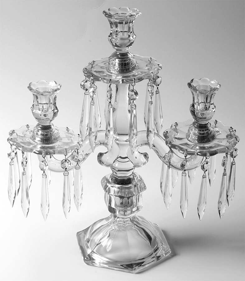 Old Williamsburg Candlelabras & Epergne 15" 3 Light Candelabra W/3 Bobeche & 30 Prisms by Heisey-1