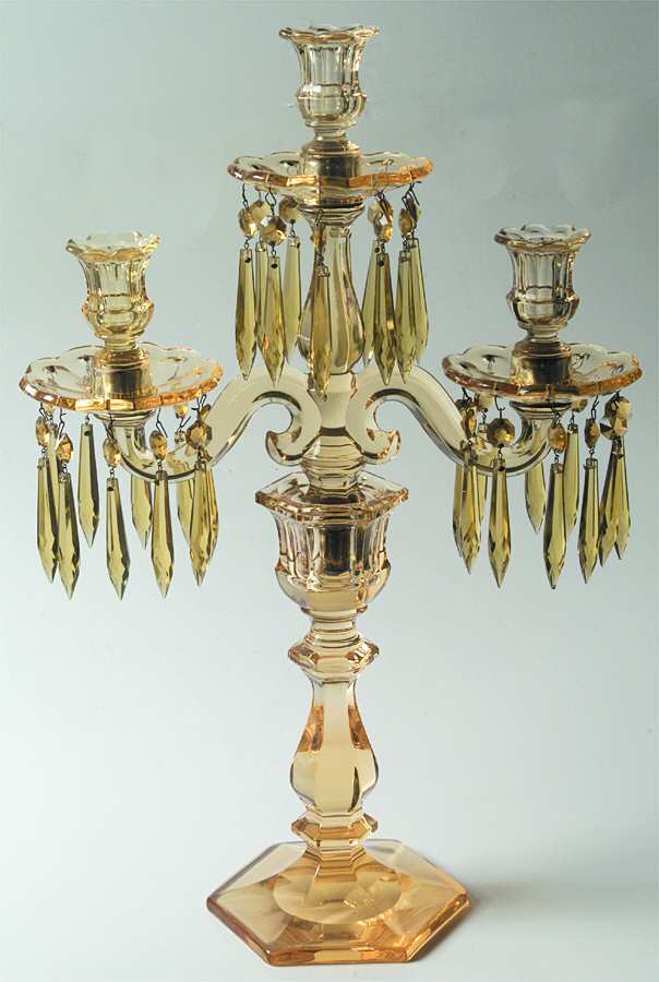 Old Williamsburg Candlelabras & Epergne 20" Yellow 3 Lt Candelabra W/3 Bobeche & 30 Prisms by Heisey-1