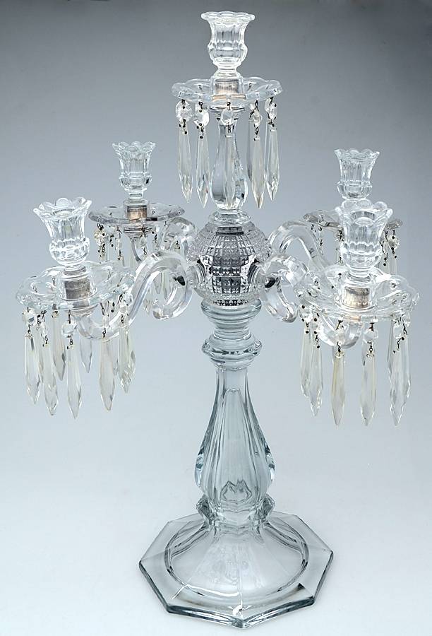 Old Williamsburg Candlelabras & Epergne 5 Light Candelabra w5 Bobeche & 50 Prisms by Heisey-1