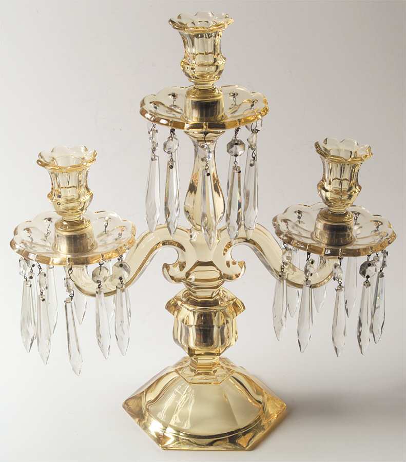 Old Williamsburg Candlelabras & Epergne 15" Yellow 3 Lt Candelabra W/3 Bobeche & 20 Prisms by Heisey-1