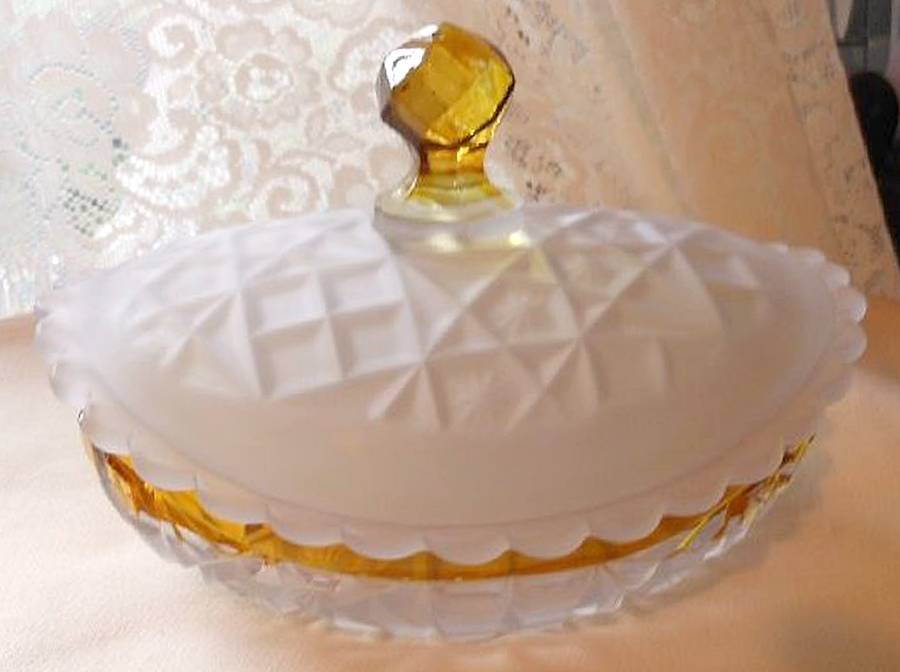 Quartered Block with Stars Amber (Frosted) Sugar Bowl & Lid by Hobbs Brockunier-1