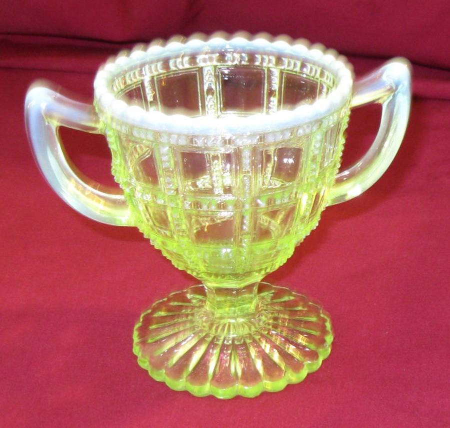 Beaded Block Green Opalescent Open Sugar by Imperial Glass-Ohio-1