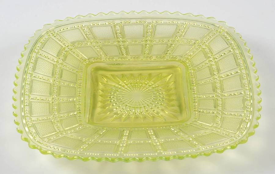 Beaded Block Vaseline (Canary) 7" Square Plate by Imperial Glass-Ohio-1