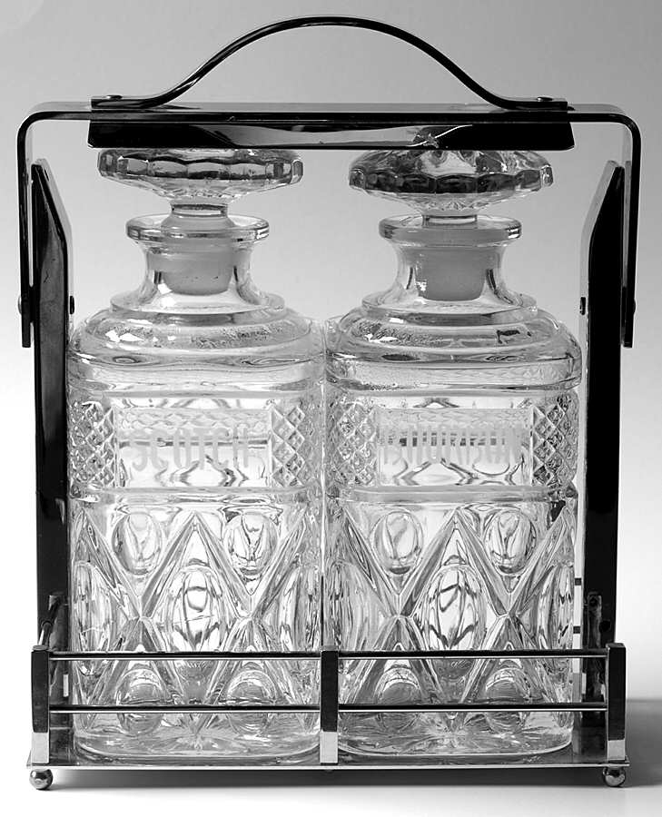 Cape Cod Clear (1602 + 160) Square Decanter Set (Bourbon & Scotch W/Mtl Stand) by Imperial Glass-Ohio-1