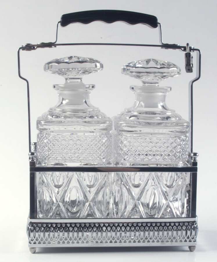 Cape Cod Clear (1602 + 160) Square Decanter Set (2 Decanters & Metal Holder) by Imperial Glass-Ohio-1