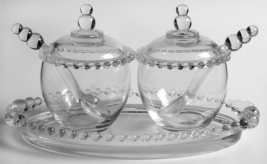 Candlewick Clear (Stem 3400) Twin Jam Set (2 Marlalades & Oval Tray) by Imperial Glass-Ohio-1