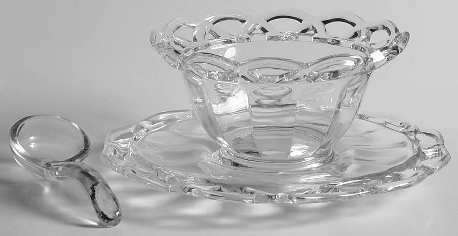 Crocheted Crystal Mayonnaise Bowl, Underplate and Ladle by Imperial Glass-Ohio-1