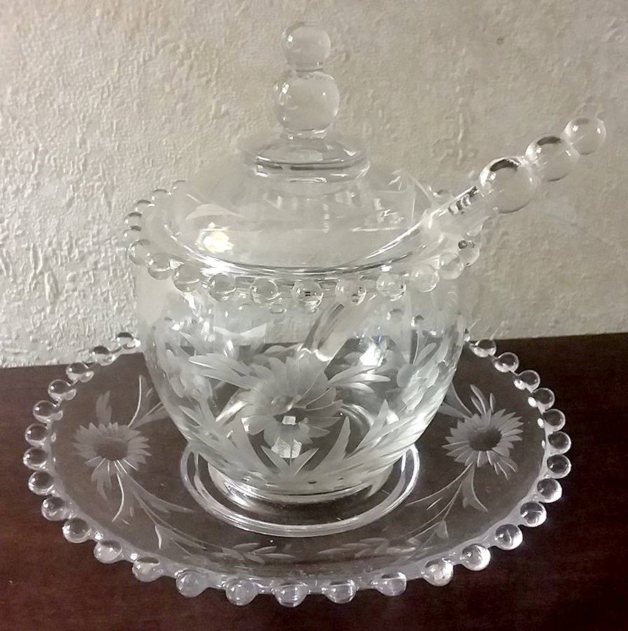 Floral (Cut) Marmalade W/Lid, Ladle & Underplate(Aka Saucer) by Imperial Glass-Ohio-1