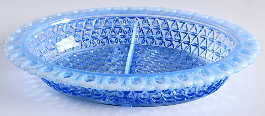 Laced Edge Blue Opalescent (Katy) Divided Oval Vegetable Bowl by Imperial Glass-Ohio-1
