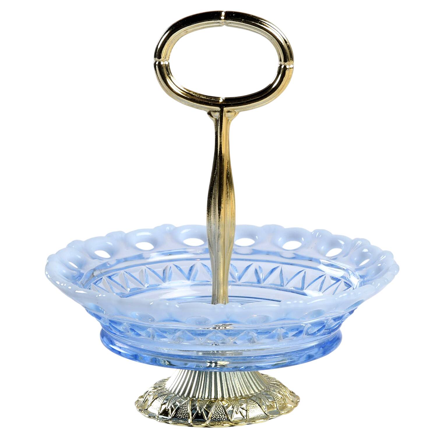 Laced Edge Blue Opalescent (Katy) Handled Footed Nut Dish HC by Imperial Glass-Ohio-1